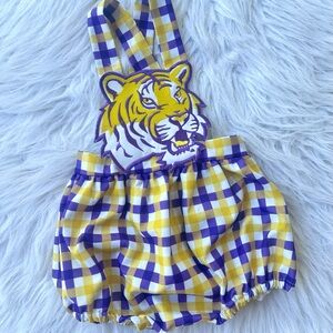 LSU Yellow and Purple Plaid Diaper Romper with Tiger Applique 12/18 months